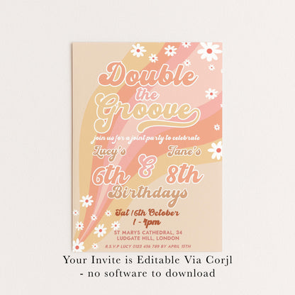 Double the Groove Editable Joint Birthday Invitation for Girls Twins Retro 70s Style Printable Sibling Party Invite for 6th 8th Any Age GR78