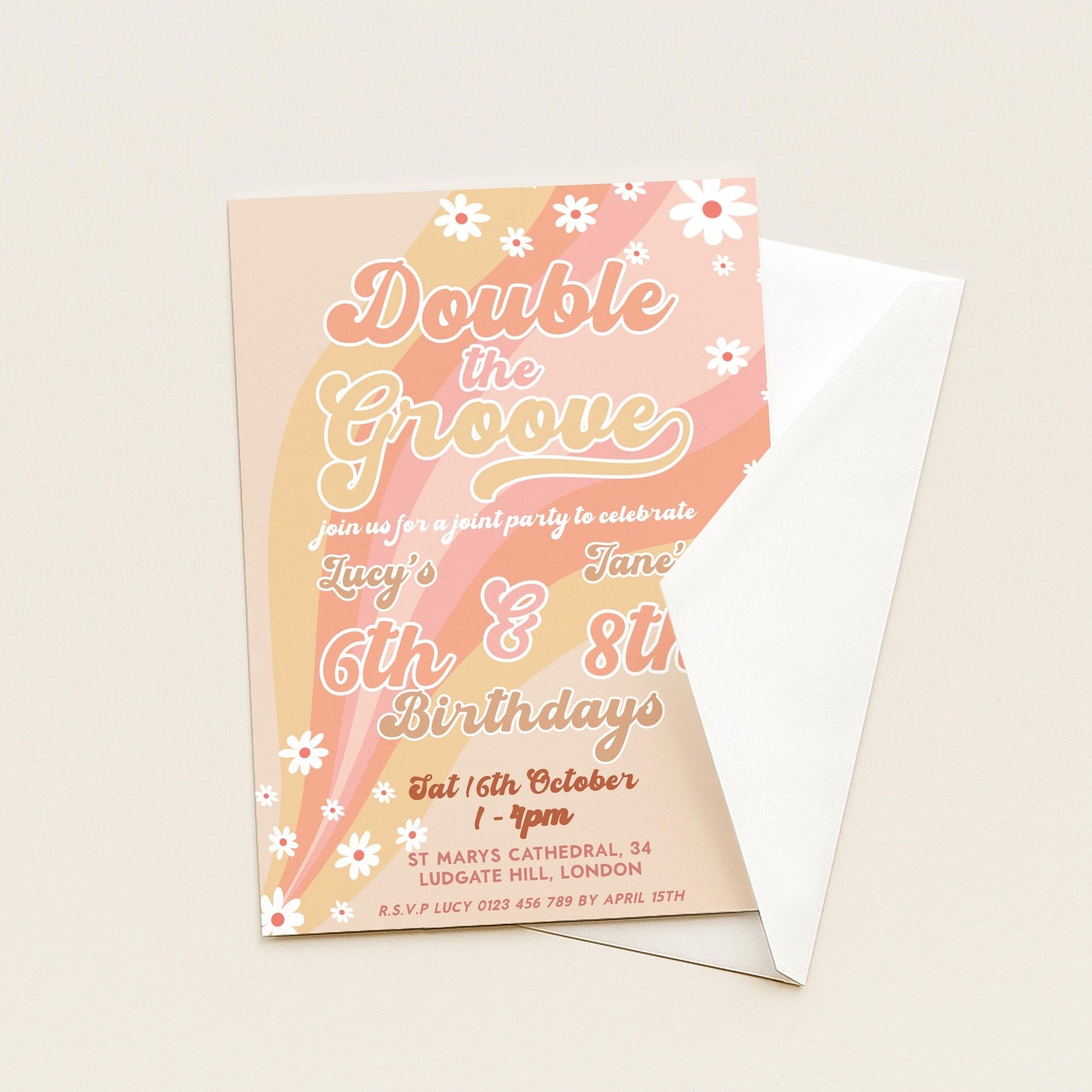 Double the Groove Editable Joint Birthday Invitation for Girls Twins Retro 70s Style Printable Sibling Party Invite for 6th 8th Any Age GR78