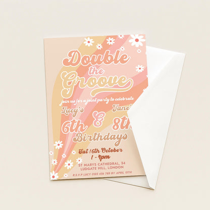 Double the Groove Editable Joint Birthday Invitation for Girls Twins Retro 70s Style Printable Sibling Party Invite for 6th 8th Any Age GR78