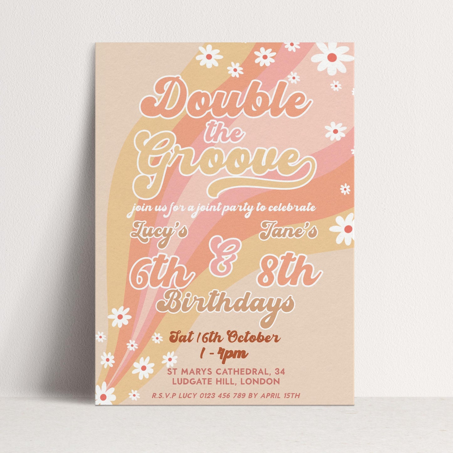 Double the Groove Editable Joint Birthday Invitation for Girls Twins Retro 70s Style Printable Sibling Party Invite for 6th 8th Any Age GR78