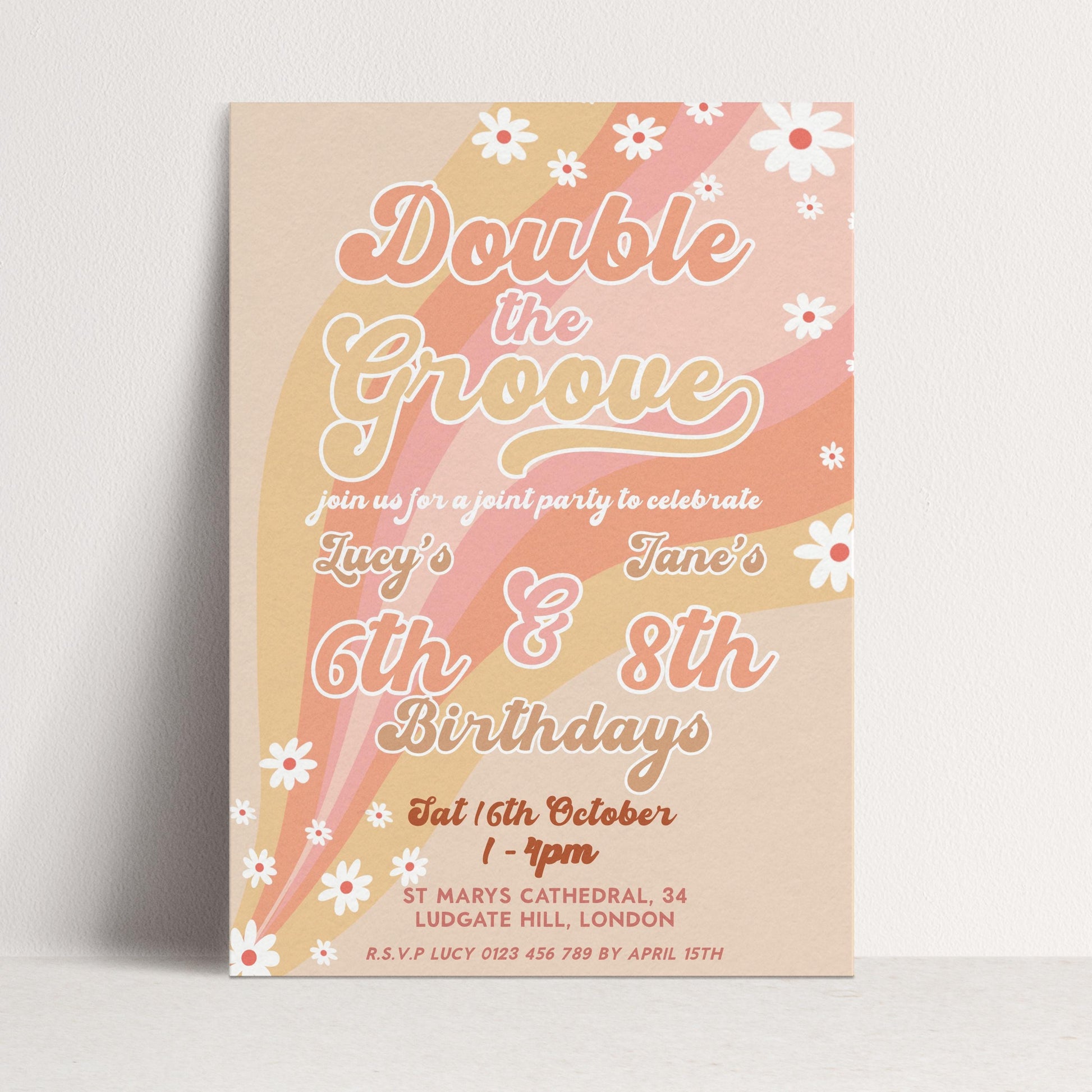 Double the Groove Editable Joint Birthday Invitation for Girls Twins Retro 70s Style Printable Sibling Party Invite for 6th 8th Any Age GR78