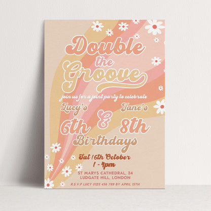 Double the Groove Editable Joint Birthday Invitation for Girls Twins Retro 70s Style Printable Sibling Party Invite for 6th 8th Any Age GR78
