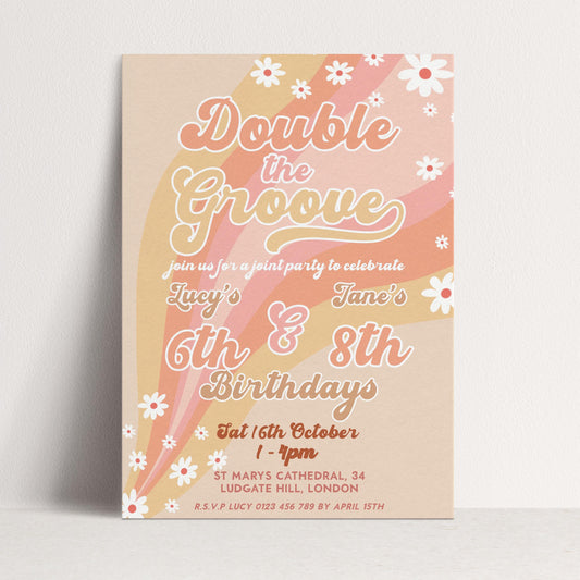Double the Groove Editable Joint Birthday Invitation for Girls Twins Retro 70s Style Printable Sibling Party Invite for 6th 8th Any Age GR78