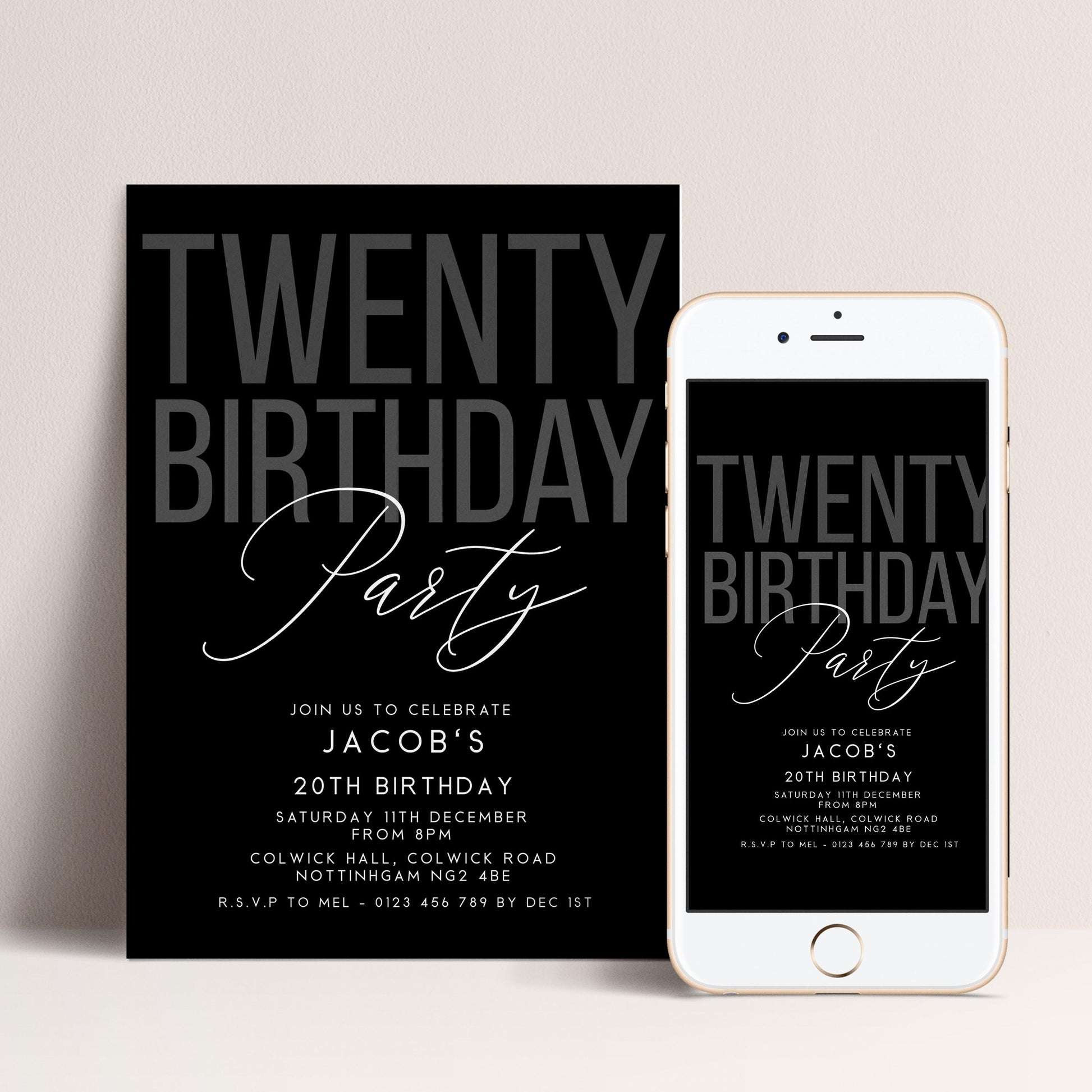 Editable 20th Birthday Invitation, Editable Black Twenty Party Invite, Mens Adult Invitation Template, 20th BirthdayPrintable Template