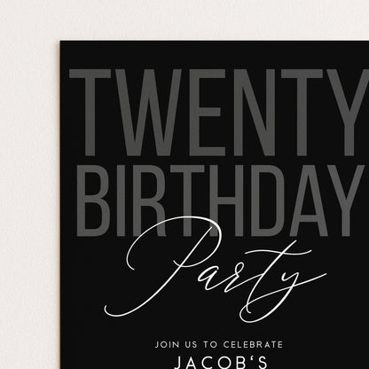 Editable 20th Birthday Invitation, Editable Black Twenty Party Invite, Mens Adult Invitation Template, 20th BirthdayPrintable Template