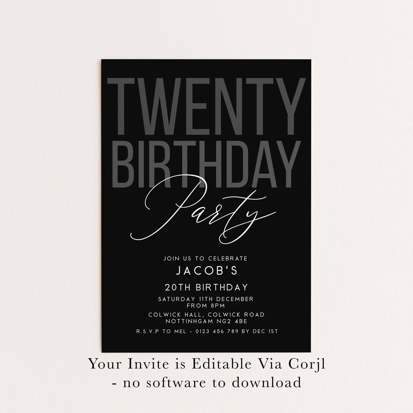Editable 20th Birthday Invitation, Editable Black Twenty Party Invite, Mens Adult Invitation Template, 20th BirthdayPrintable Template