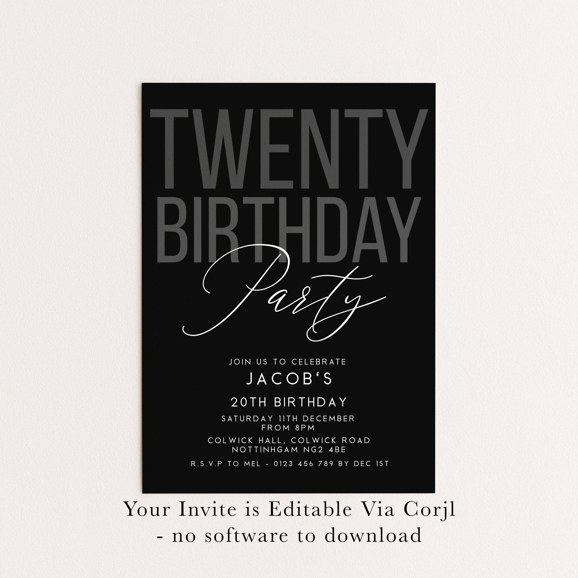 Editable 20th Birthday Invitation, Editable Black Twenty Party Invite, Mens Adult Invitation Template, 20th BirthdayPrintable Template