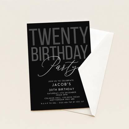 Editable 20th Birthday Invitation, Editable Black Twenty Party Invite, Mens Adult Invitation Template, 20th BirthdayPrintable Template