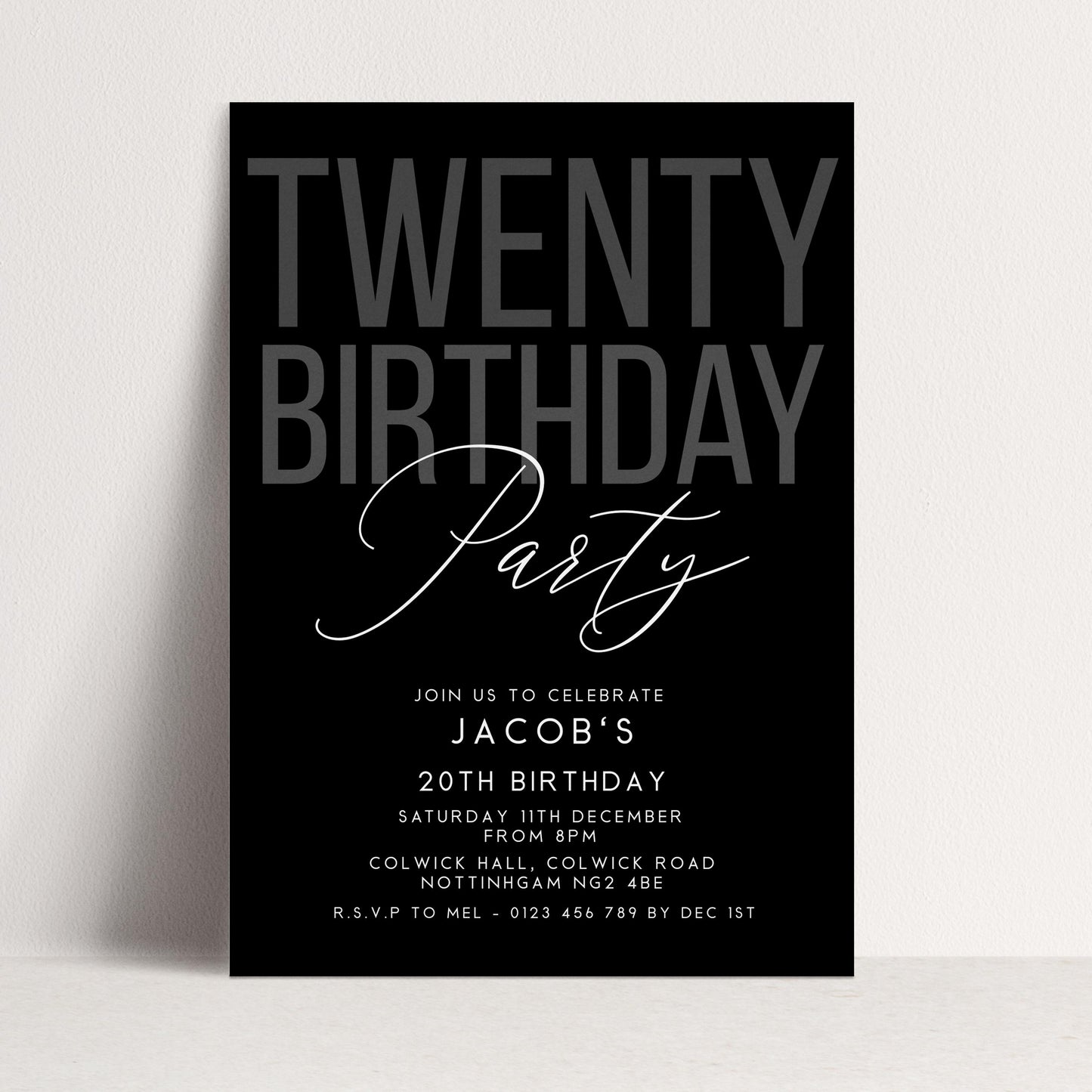 Editable 20th Birthday Invitation, Editable Black Twenty Party Invite, Mens Adult Invitation Template, 20th BirthdayPrintable Template