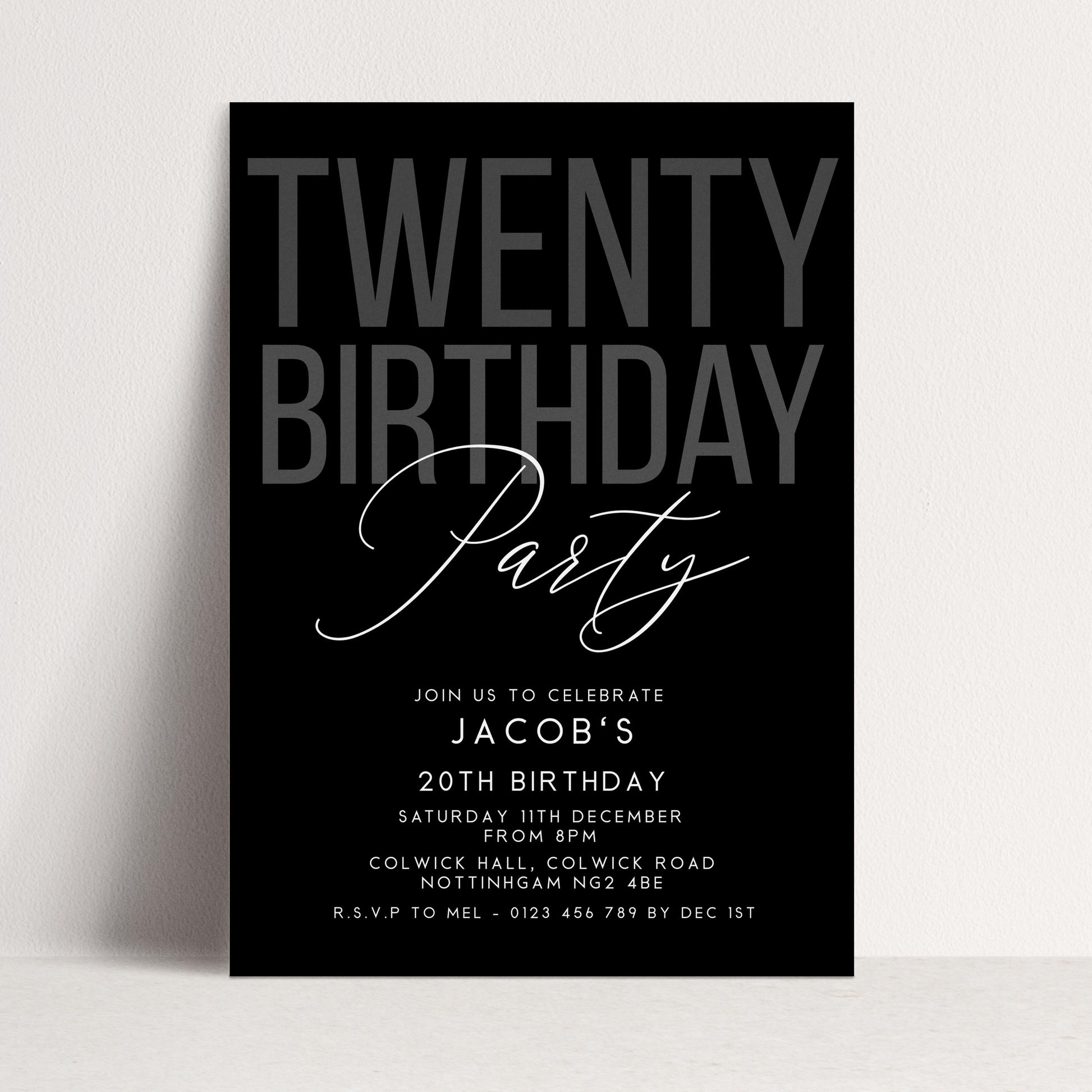 Editable 20th Birthday Invitation, Editable Black Twenty Party Invite, Mens Adult Invitation Template, 20th BirthdayPrintable Template