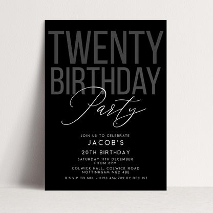Editable 20th Birthday Invitation, Editable Black Twenty Party Invite, Mens Adult Invitation Template, 20th BirthdayPrintable Template