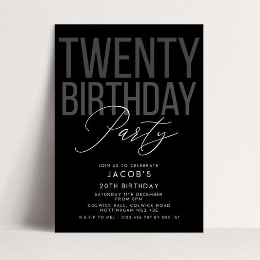 Editable 20th Birthday Invitation, Editable Black Twenty Party Invite, Mens Adult Invitation Template, 20th BirthdayPrintable Template