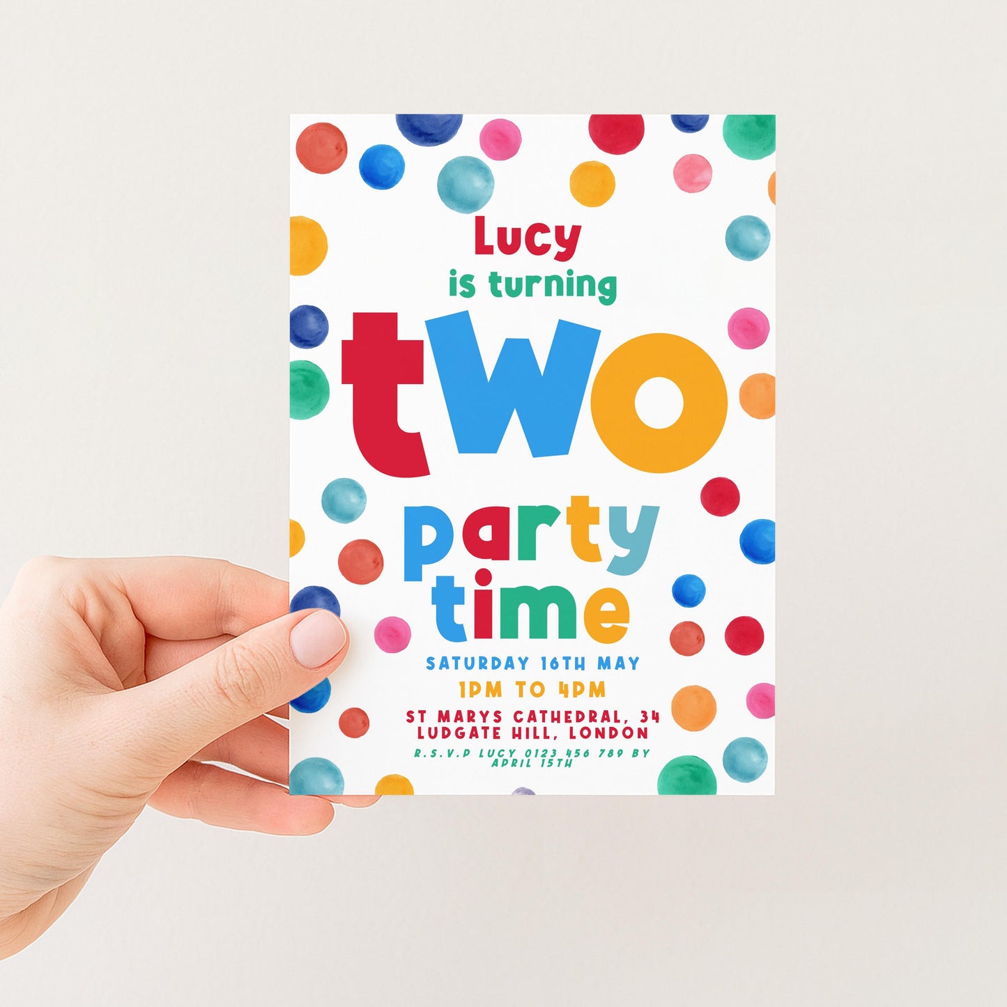 Editable 2nd Birthday Invitation Multi Coloured Two Years Old Polka Dot Invitations Digital Spot Theme Invites Instant download DTS8
