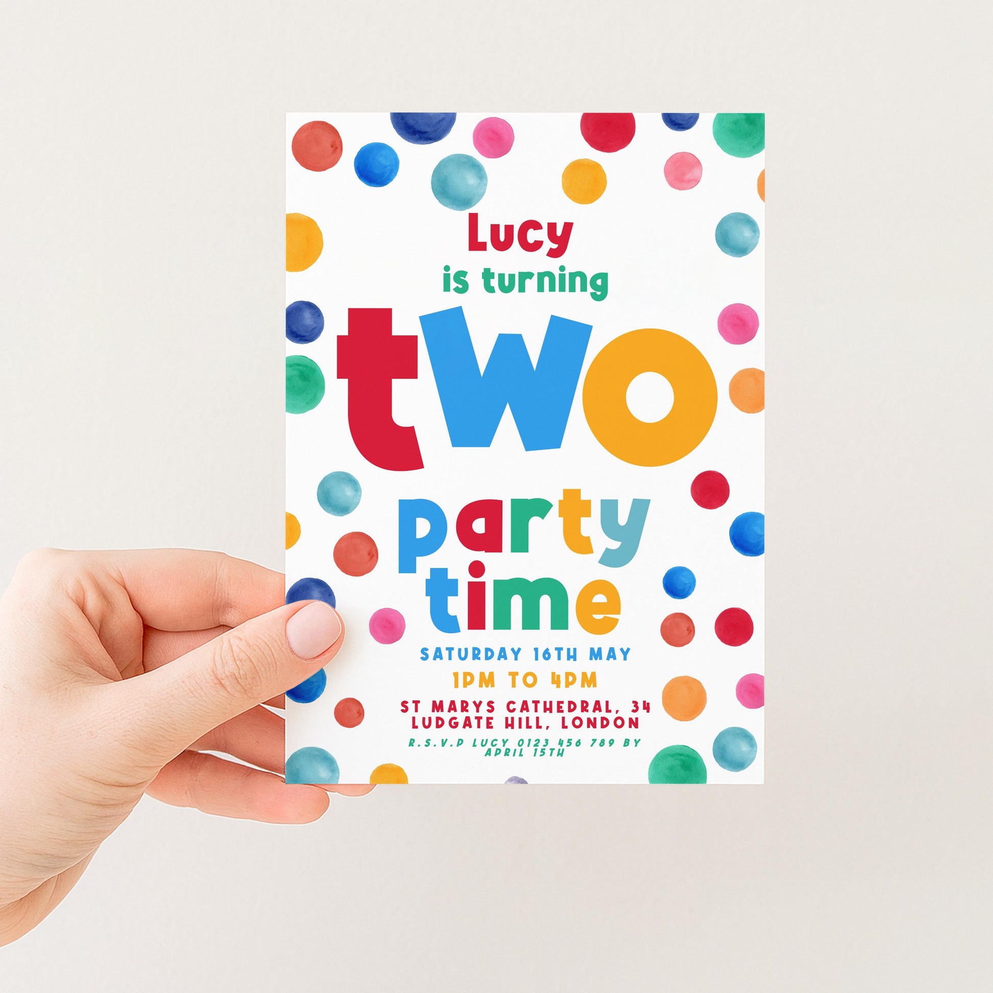 Editable 2nd Birthday Invitation Multi Coloured Two Years Old Polka Dot Invitations Digital Spot Theme Invites Instant download DTS8