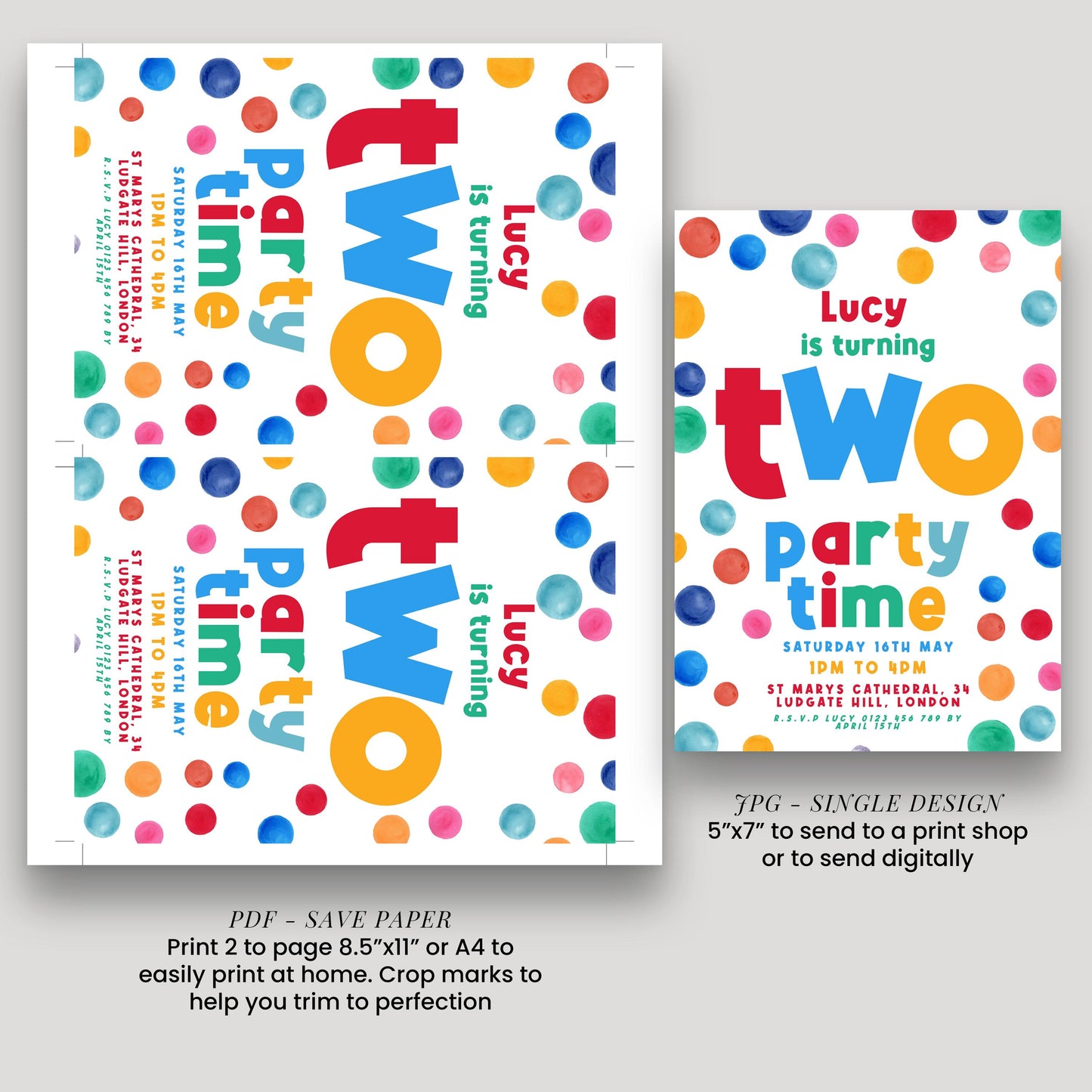Editable 2nd Birthday Invitation Multi Coloured Two Years Old Polka Dot Invitations Digital Spot Theme Invites Instant download DTS8
