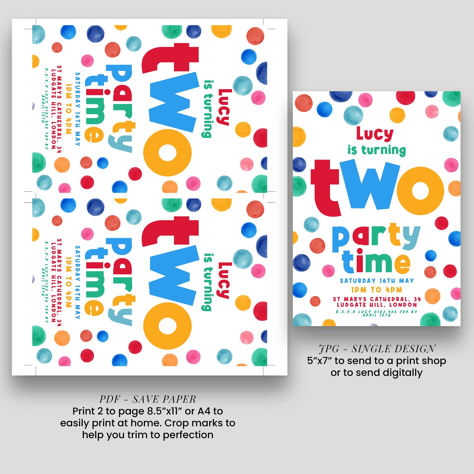 Editable 2nd Birthday Invitation Multi Coloured Two Years Old Polka Dot Invitations Digital Spot Theme Invites Instant download DTS8
