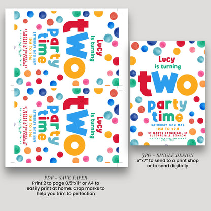 Editable 2nd Birthday Invitation Multi Coloured Two Years Old Polka Dot Invitations Digital Spot Theme Invites Instant download DTS8