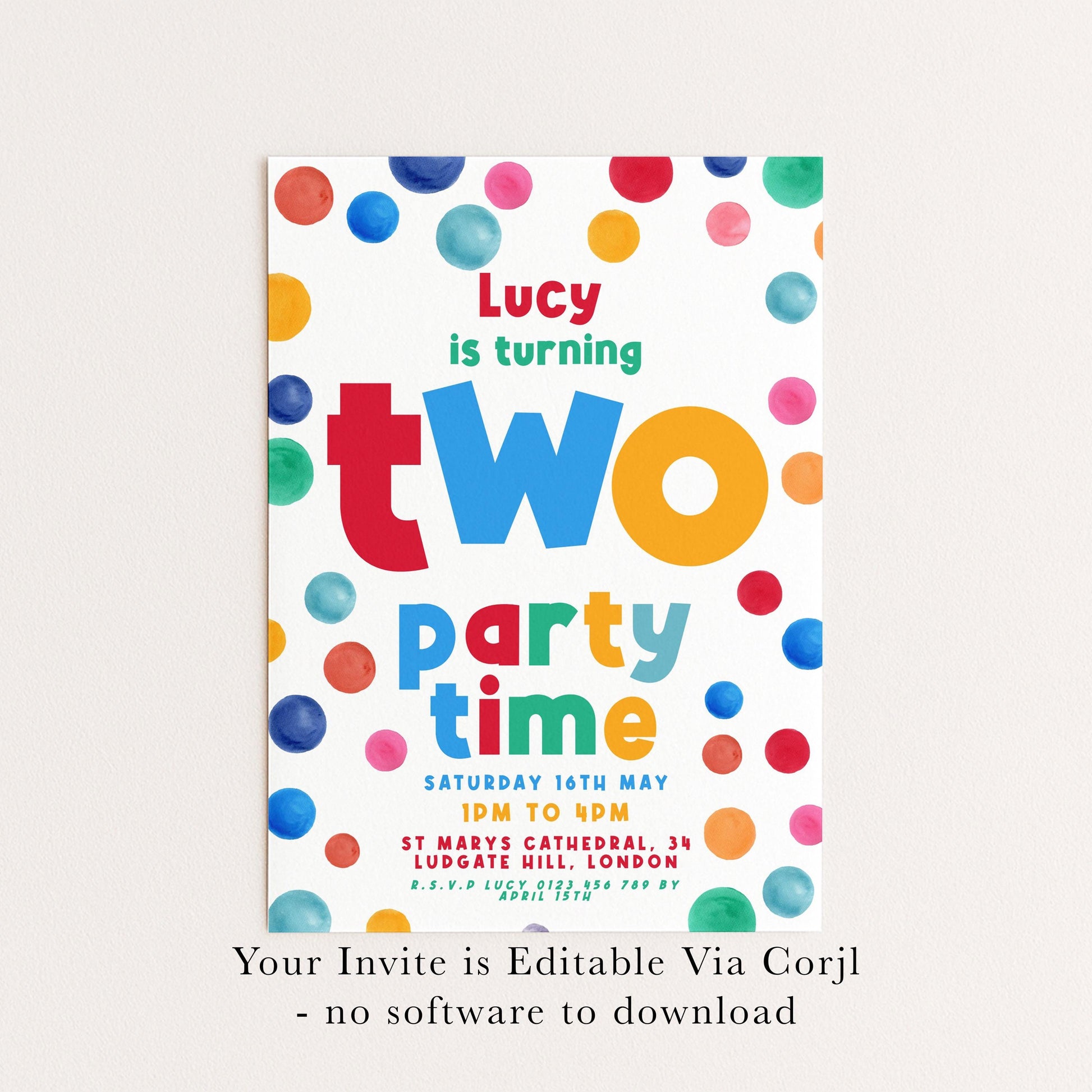 Editable 2nd Birthday Invitation Multi Coloured Two Years Old Polka Dot Invitations Digital Spot Theme Invites Instant download DTS8