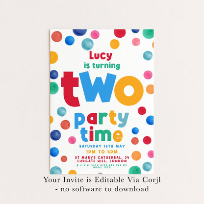 Editable 2nd Birthday Invitation Multi Coloured Two Years Old Polka Dot Invitations Digital Spot Theme Invites Instant download DTS8