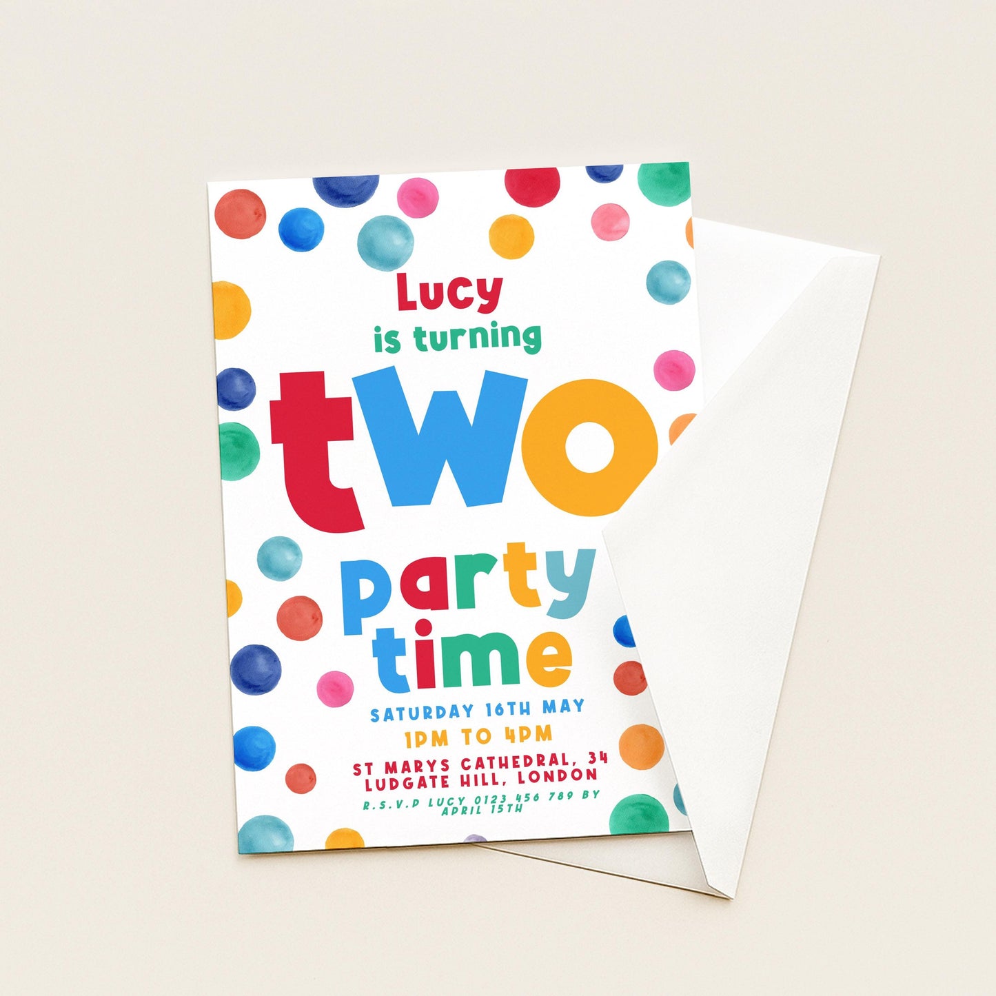 Editable 2nd Birthday Invitation Multi Coloured Two Years Old Polka Dot Invitations Digital Spot Theme Invites Instant download DTS8