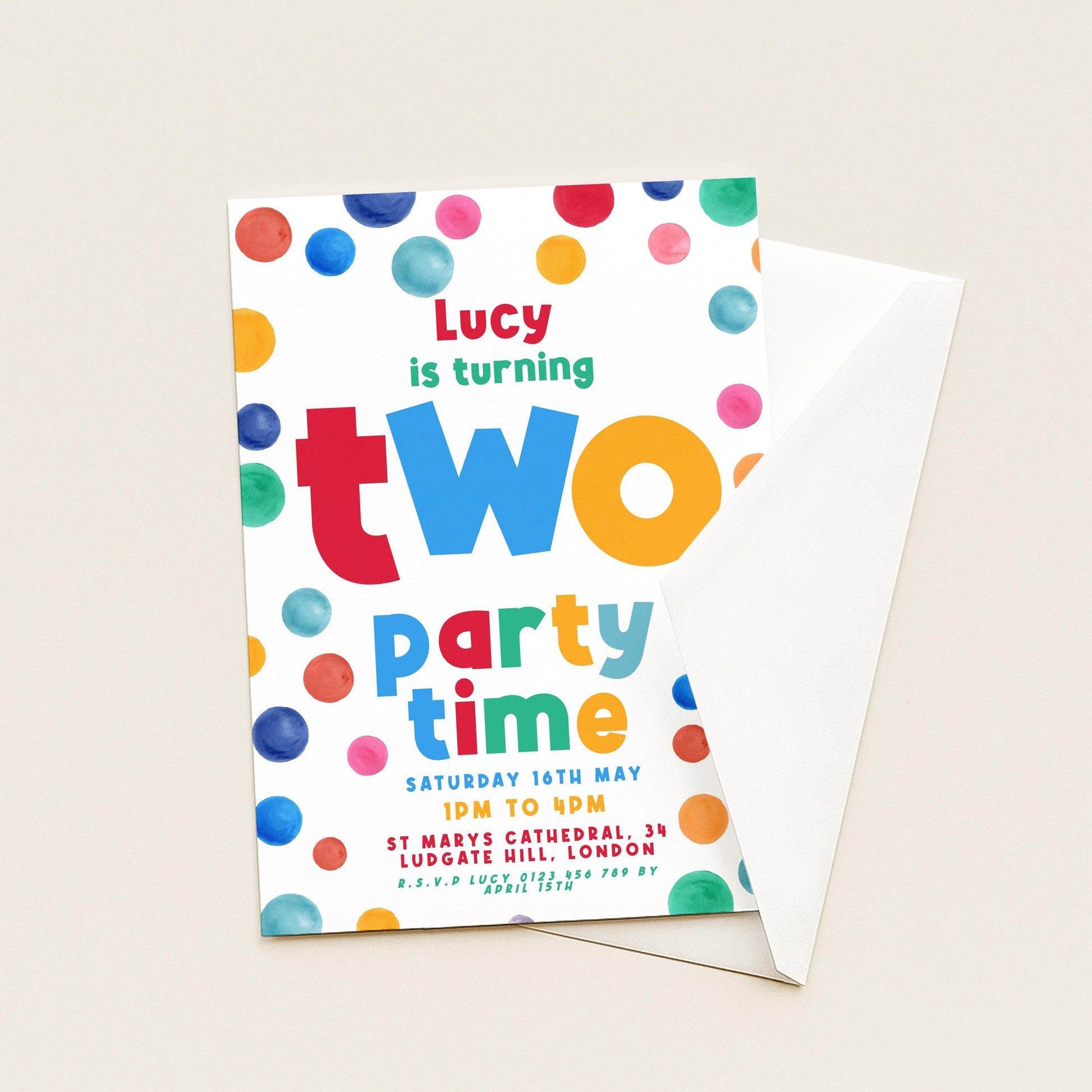 Editable 2nd Birthday Invitation Multi Coloured Two Years Old Polka Dot Invitations Digital Spot Theme Invites Instant download DTS8