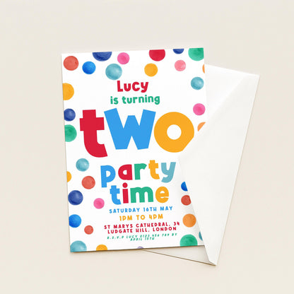 Editable 2nd Birthday Invitation Multi Coloured Two Years Old Polka Dot Invitations Digital Spot Theme Invites Instant download DTS8