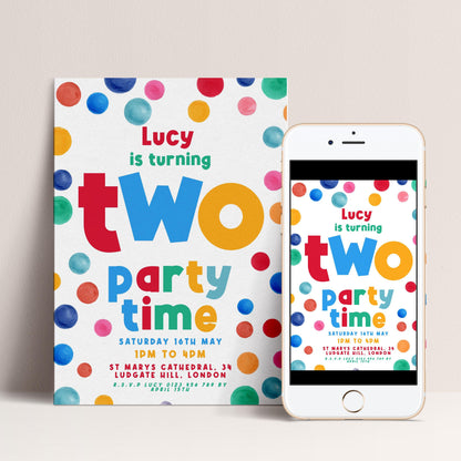 Editable 2nd Birthday Invitation Multi Coloured Two Years Old Polka Dot Invitations Digital Spot Theme Invites Instant download DTS8