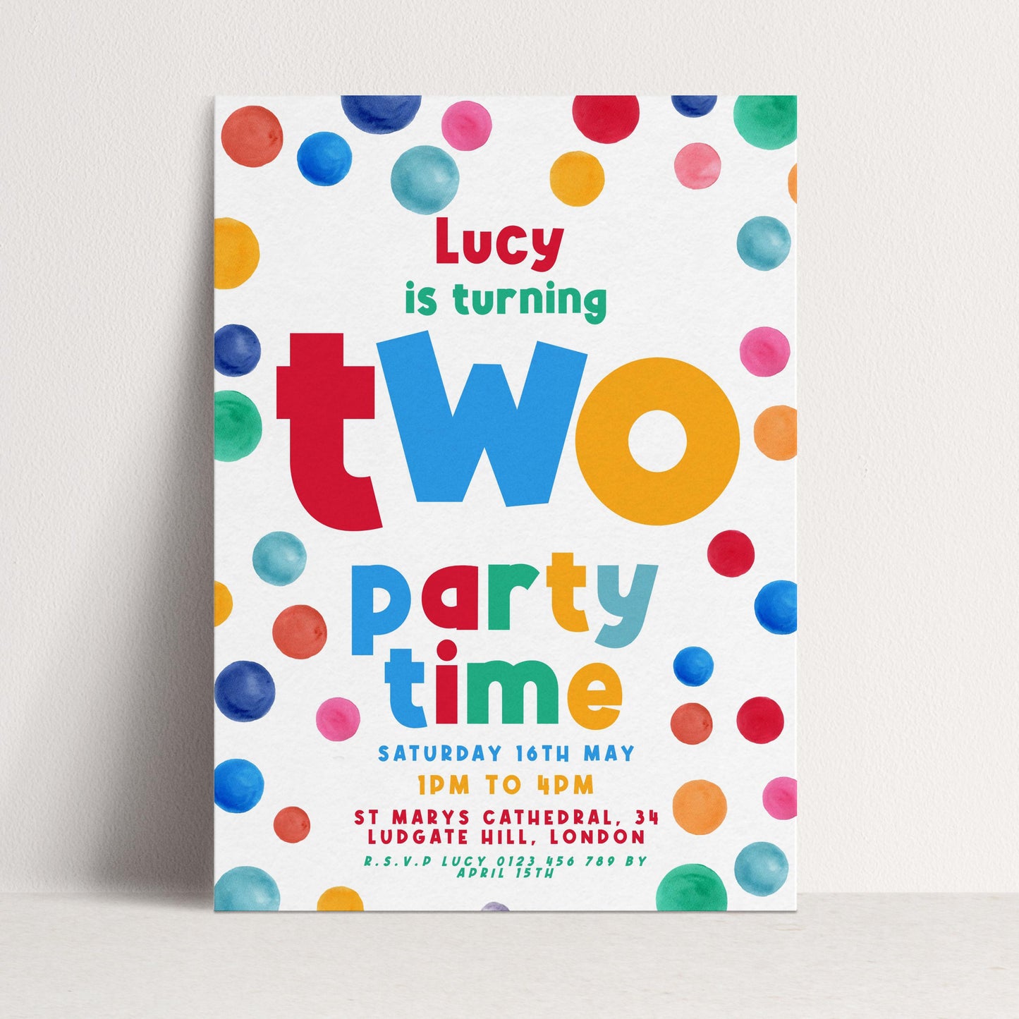 Editable 2nd Birthday Invitation Multi Coloured Two Years Old Polka Dot Invitations Digital Spot Theme Invites Instant download DTS8