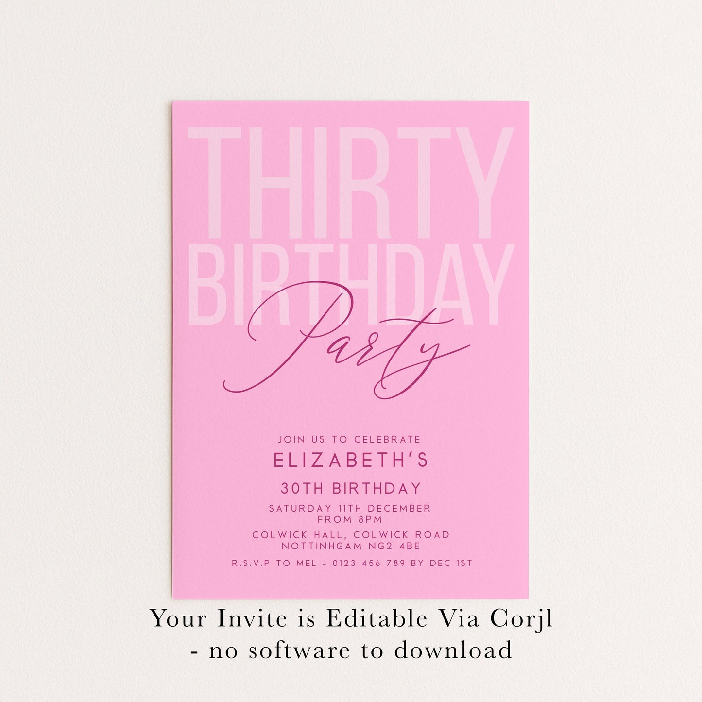 Editable 30th Birthday Invitation, Editable Pink Thirty Party Invite, Women's Adult Invitation Template, 30th Birthday Printable Template