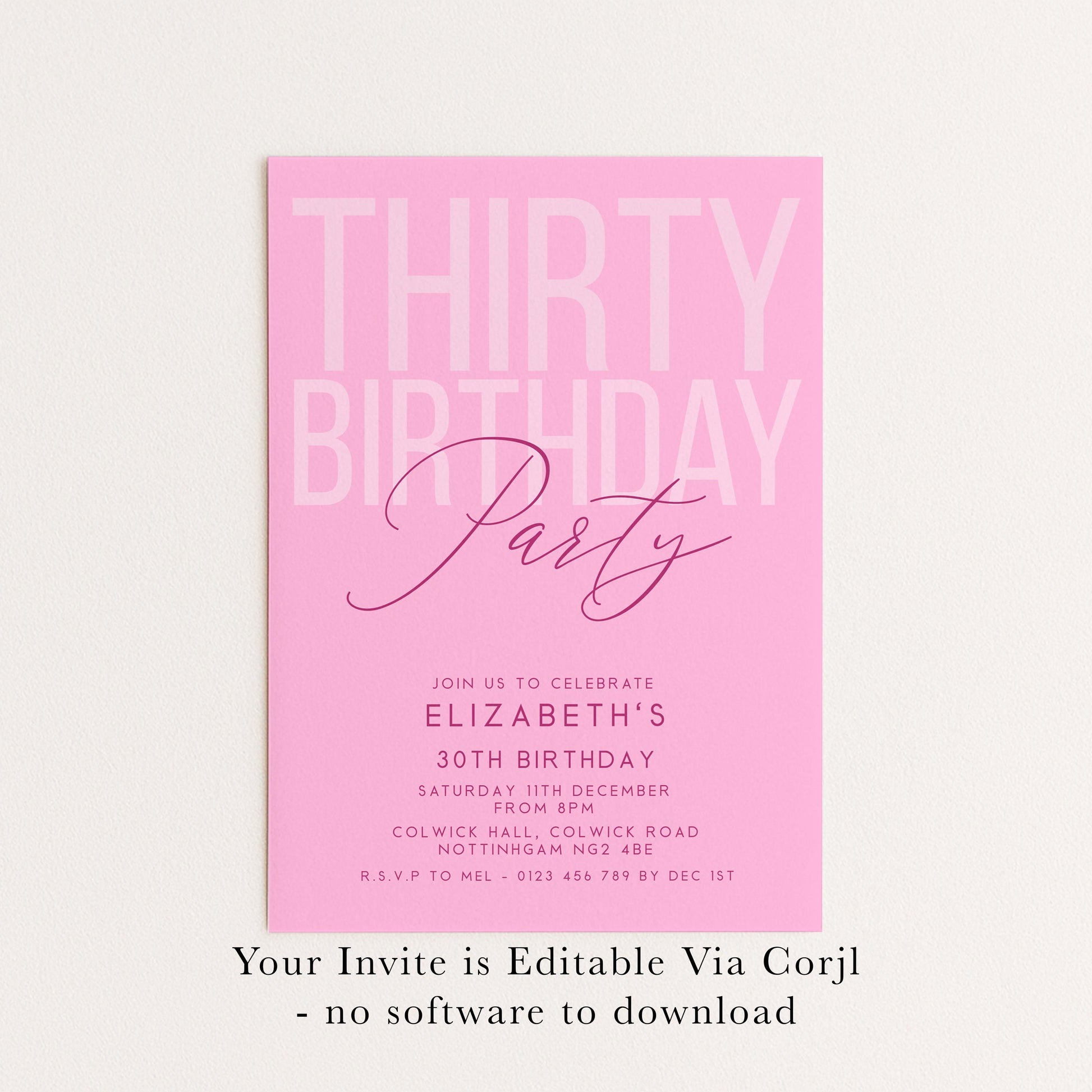 Editable 30th Birthday Invitation, Editable Pink Thirty Party Invite, Women's Adult Invitation Template, 30th Birthday Printable Template