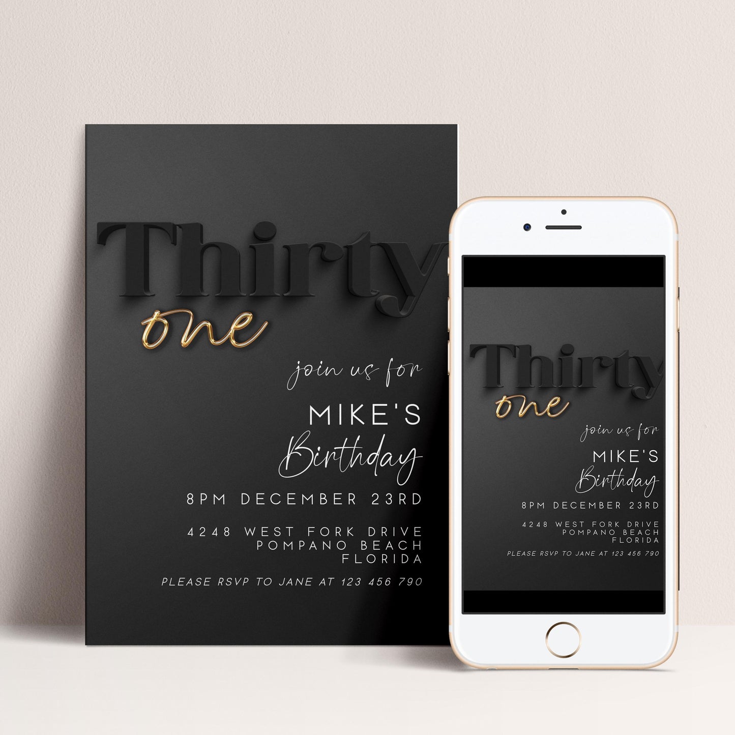 Editable 31st Birthday Invitation – Printable Modern Black and Gold Party Invite Template for Him – Digital Instant Download – BG78