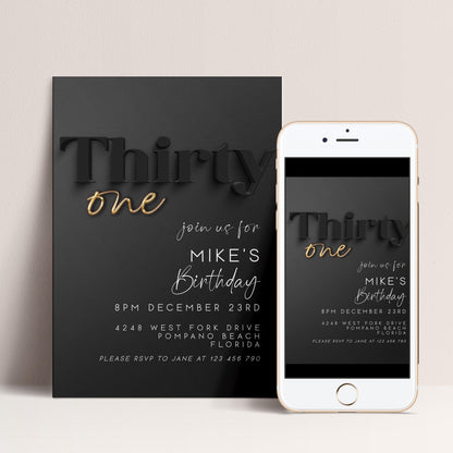 Editable 31st Birthday Invitation – Printable Modern Black and Gold Party Invite Template for Him – Digital Instant Download – BG78