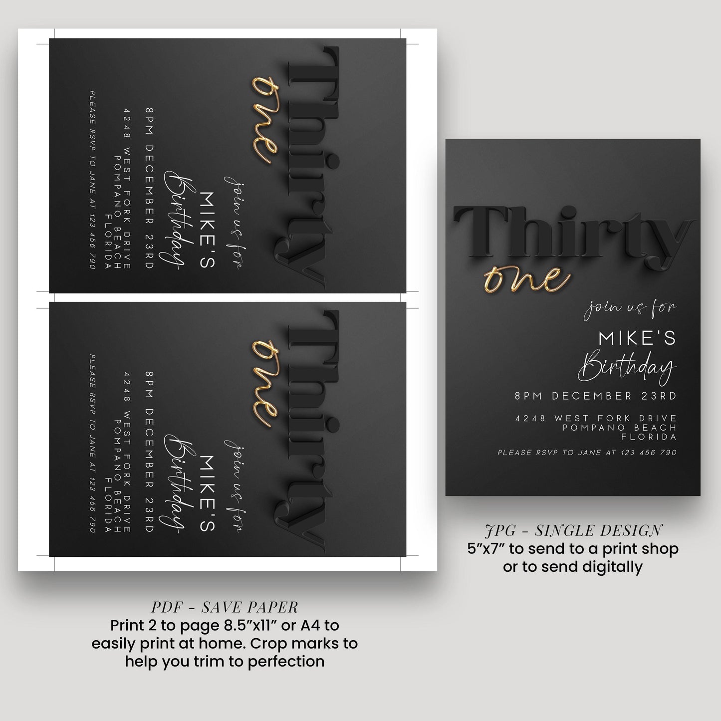 Editable 31st Birthday Invitation – Printable Modern Black and Gold Party Invite Template for Him – Digital Instant Download – BG78