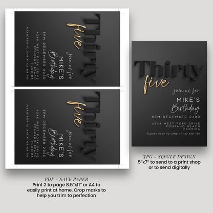 Editable 35th Birthday Invitation for Him – Black and Gold Script Design – Digital Download – Elegant Party Invite Template BG78