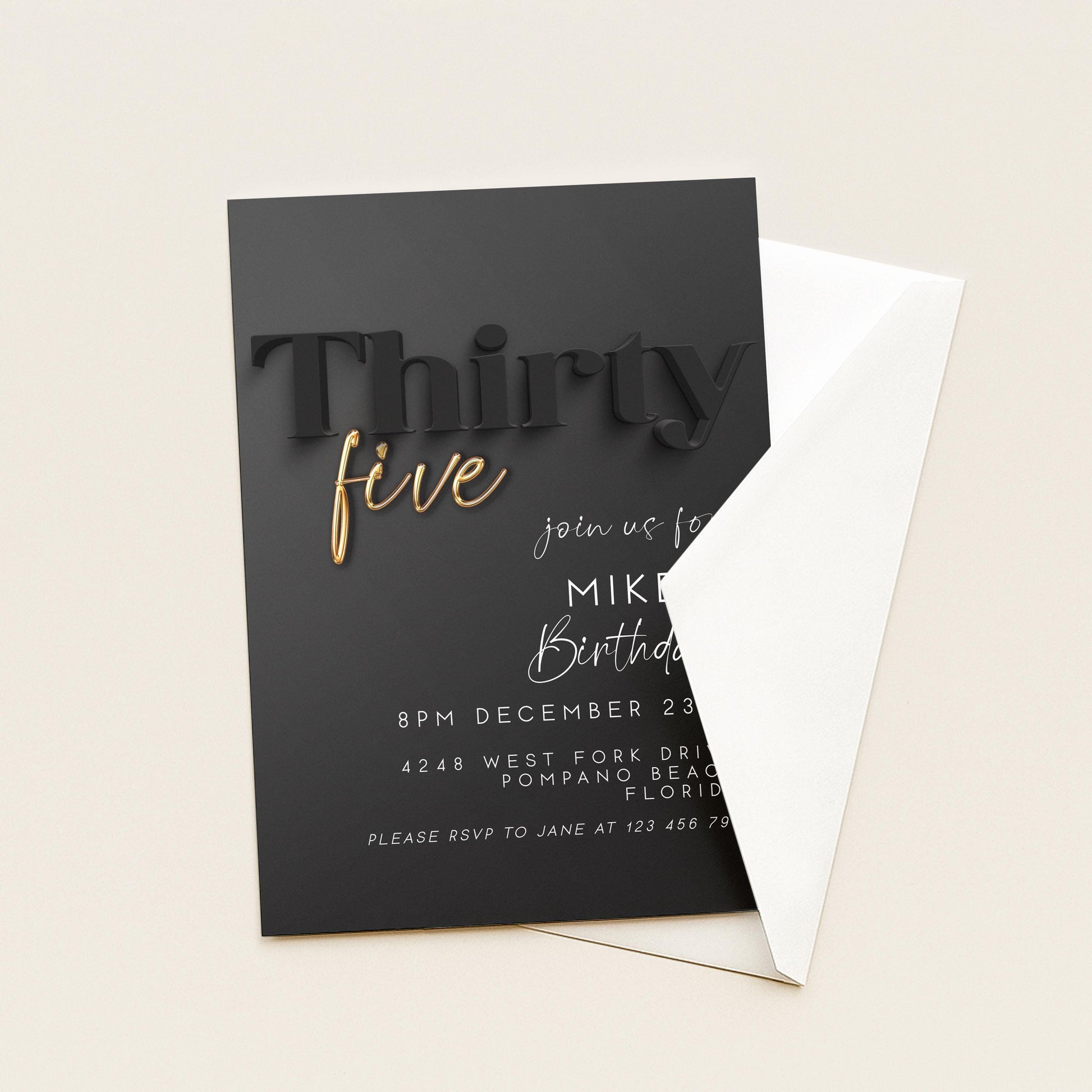Editable 35th Birthday Invitation for Him – Black and Gold Script Design – Digital Download – Elegant Party Invite Template BG78