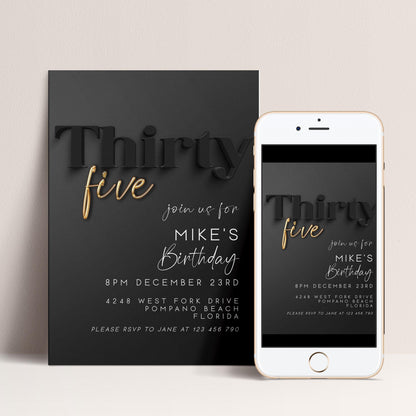 Editable 35th Birthday Invitation for Him – Black and Gold Script Design – Digital Download – Elegant Party Invite Template BG78