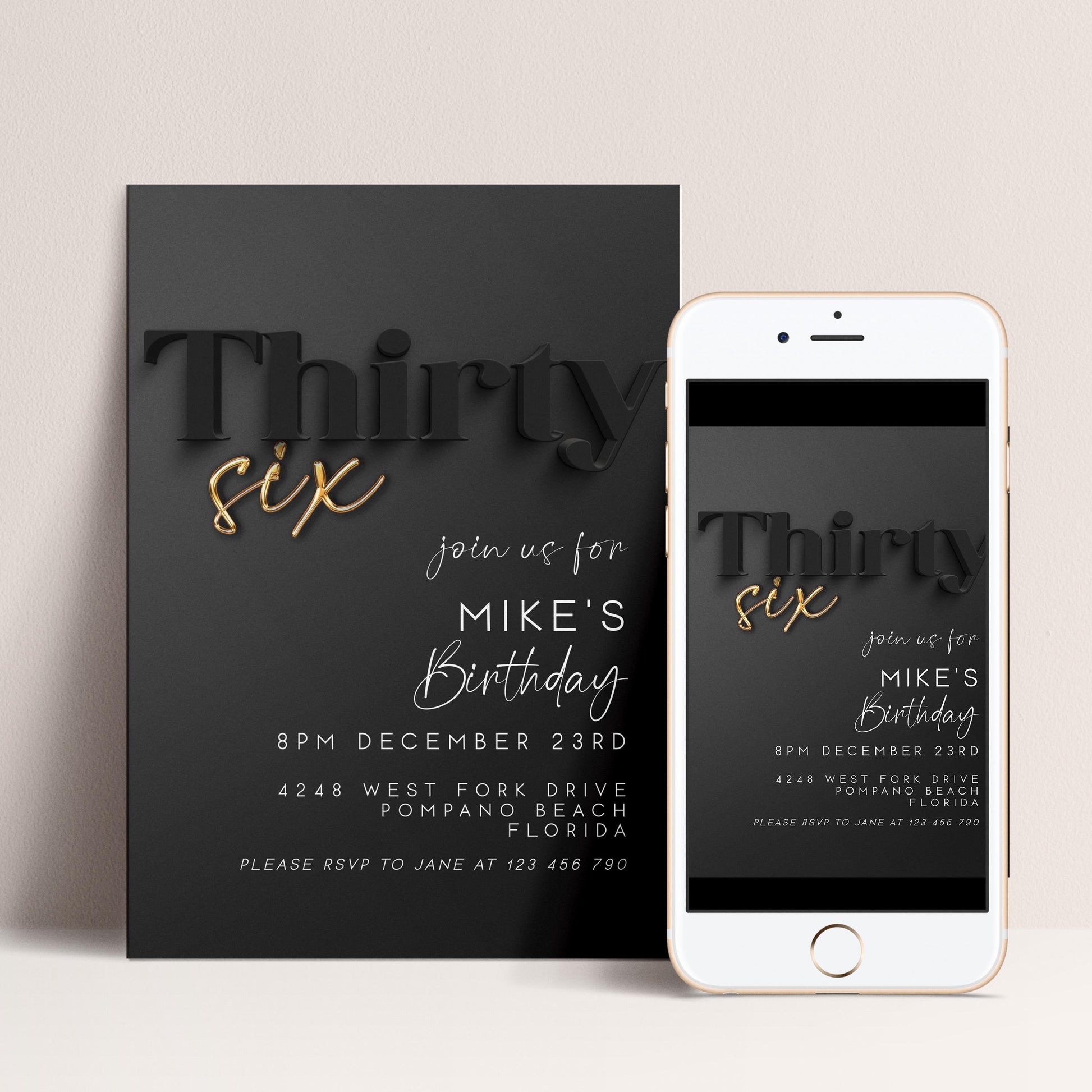 Editable 36th Birthday Invitation – Black and Gold Elegant Digital Invite – Birthday Party Template for Him – Instant Download BG78