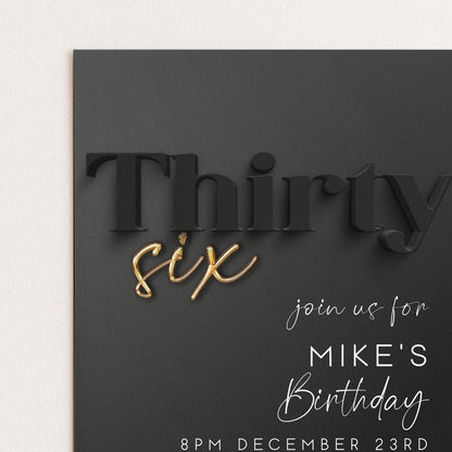 Editable 36th Birthday Invitation – Black and Gold Elegant Digital Invite – Birthday Party Template for Him – Instant Download BG78