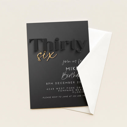 Editable 36th Birthday Invitation – Black and Gold Elegant Digital Invite – Birthday Party Template for Him – Instant Download BG78