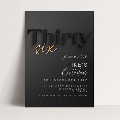 Editable 36th Birthday Invitation – Black and Gold Elegant Digital Invite – Birthday Party Template for Him – Instant Download BG78
