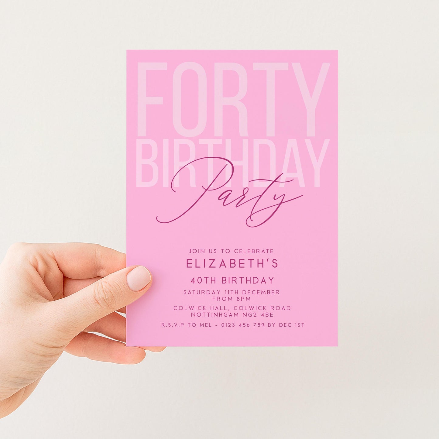 Editable 40th Birthday Invitation, Editable Pink Forty Party Invite, Women's Adult Invitation Template, 40th Birthday Printable Template