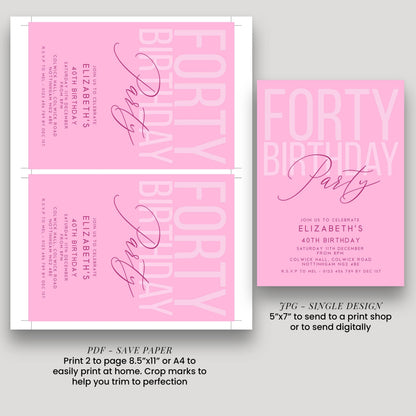 Editable 40th Birthday Invitation, Editable Pink Forty Party Invite, Women's Adult Invitation Template, 40th Birthday Printable Template