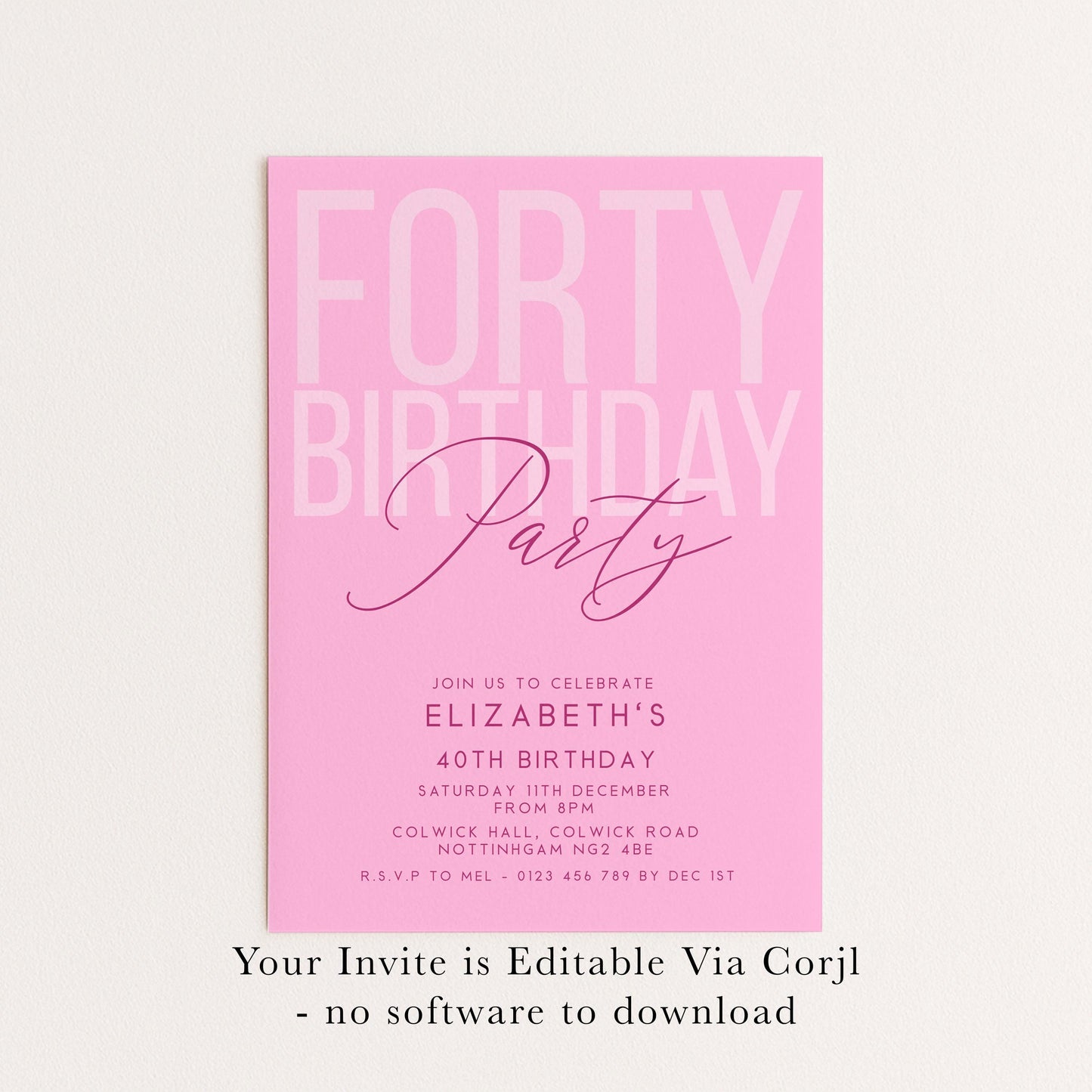 Editable 40th Birthday Invitation, Editable Pink Forty Party Invite, Women's Adult Invitation Template, 40th Birthday Printable Template