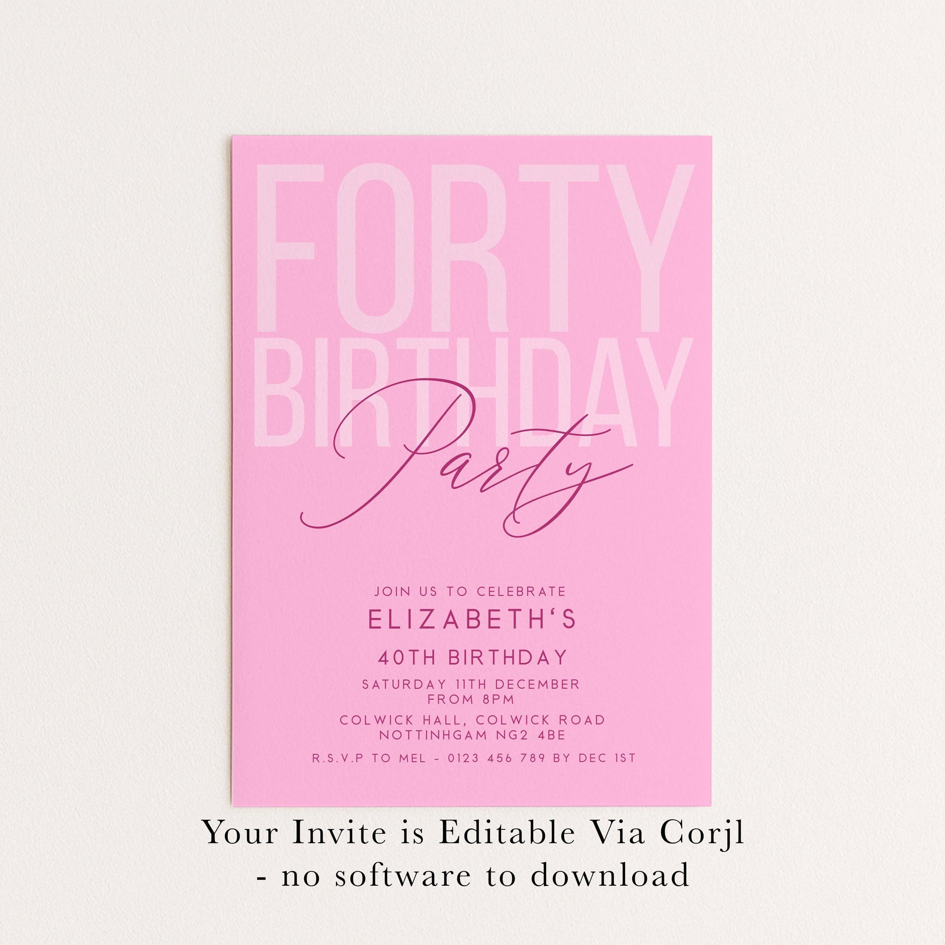 Editable 40th Birthday Invitation, Editable Pink Forty Party Invite, Women's Adult Invitation Template, 40th Birthday Printable Template