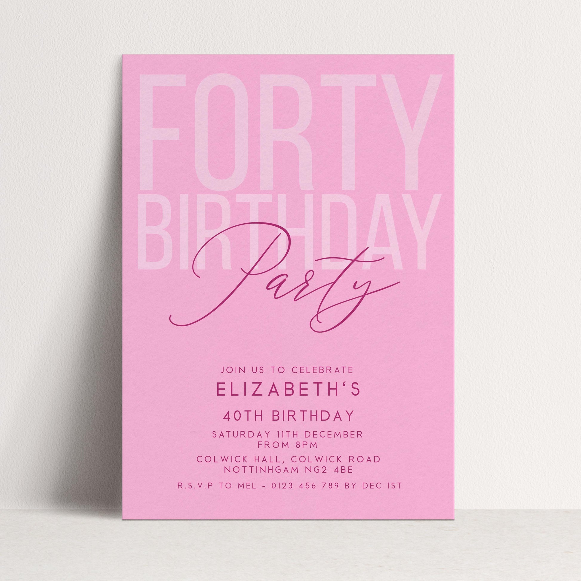 Editable 40th Birthday Invitation, Editable Pink Forty Party Invite, Women's Adult Invitation Template, 40th Birthday Printable Template