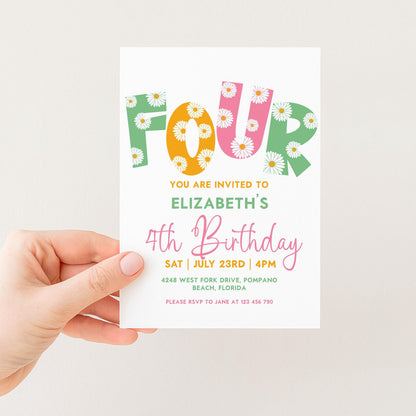 Editable 4th BirthdayDaisy Invitation Template Downloadable Daisy Invite For Four Year Old Retro Invite Party Celebration Digital Download