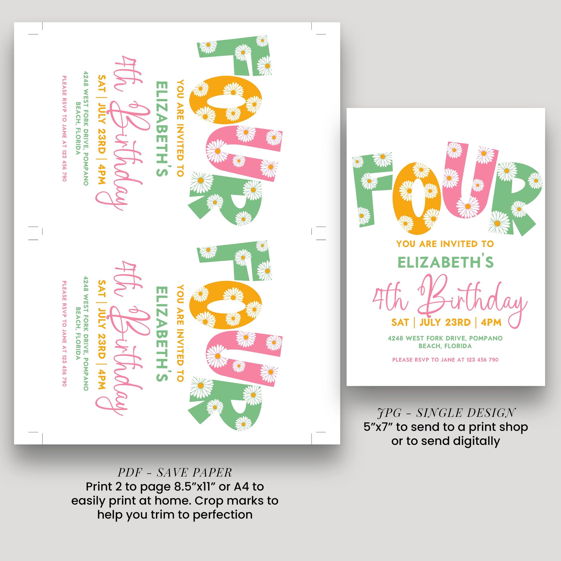 Editable 4th BirthdayDaisy Invitation Template Downloadable Daisy Invite For Four Year Old Retro Invite Party Celebration Digital Download
