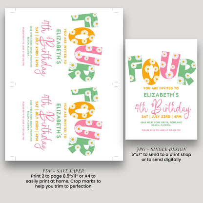 Editable 4th BirthdayDaisy Invitation Template Downloadable Daisy Invite For Four Year Old Retro Invite Party Celebration Digital Download