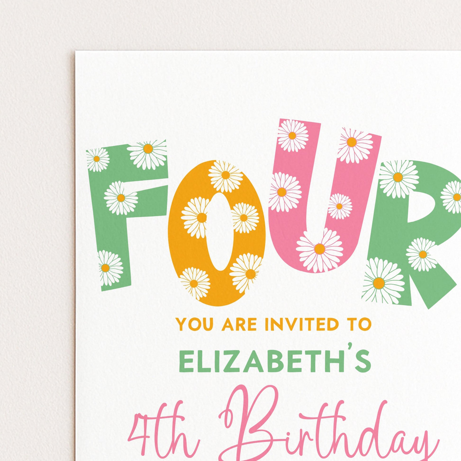 Editable 4th BirthdayDaisy Invitation Template Downloadable Daisy Invite For Four Year Old Retro Invite Party Celebration Digital Download