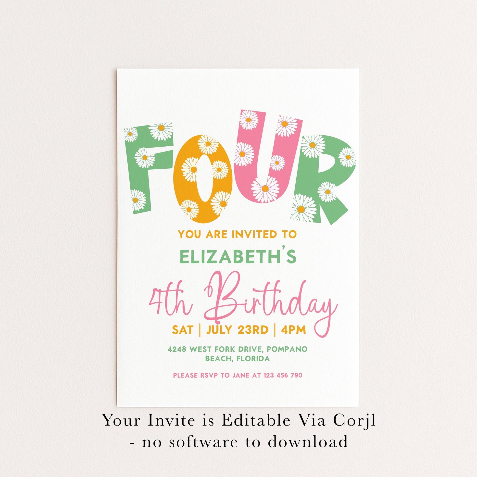 Editable 4th BirthdayDaisy Invitation Template Downloadable Daisy Invite For Four Year Old Retro Invite Party Celebration Digital Download